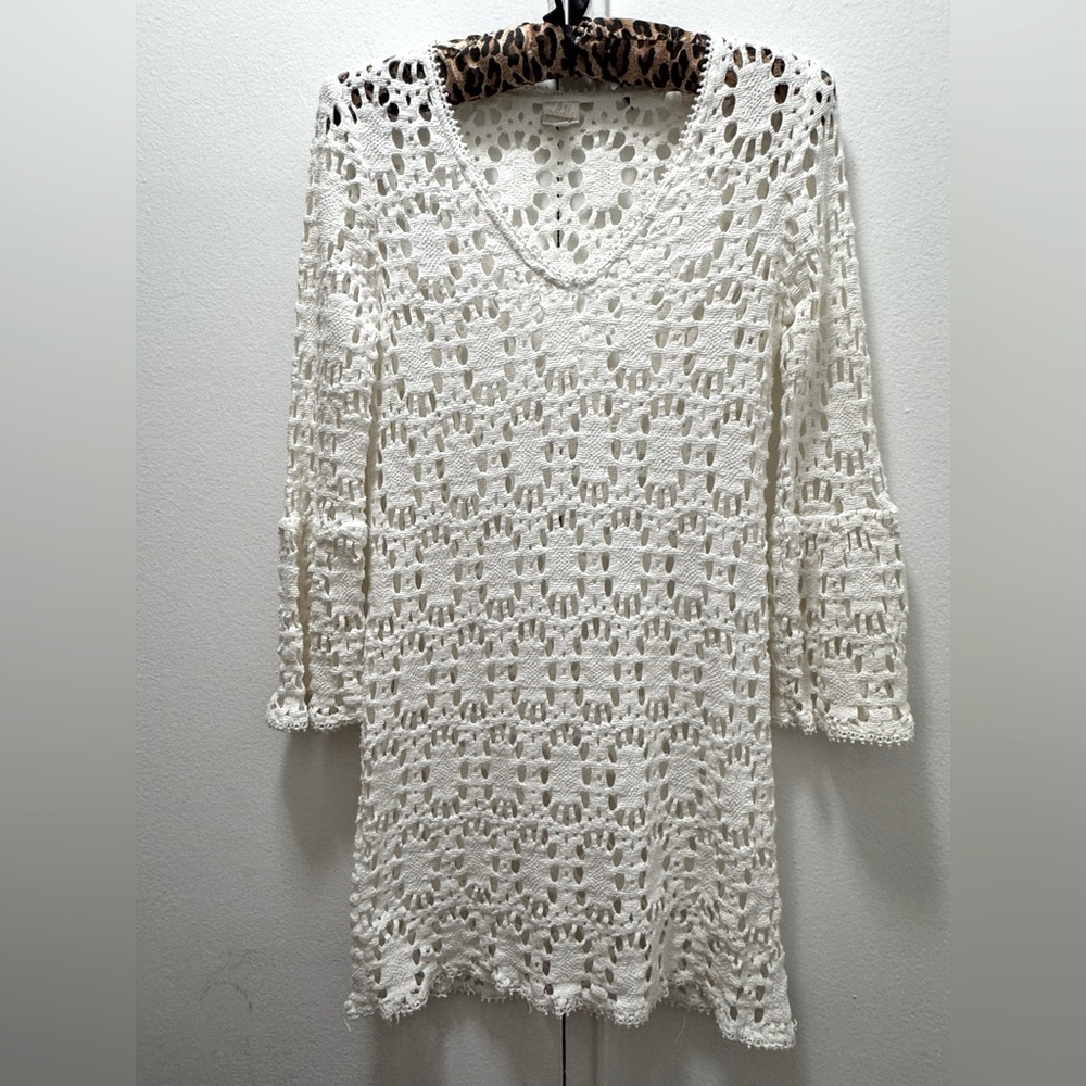 Milly Cabana Size Small Crochet Shift Mini Dress White V Neck Long Sleeves